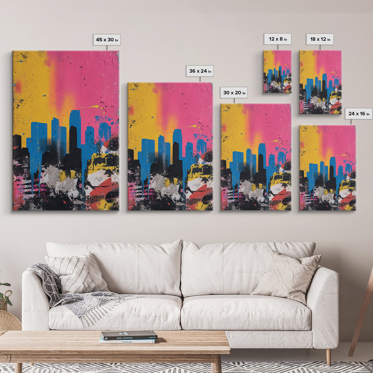 Paint Drips Forming a Skyline Silhouette Framed Canvas Print, Graffiti Art, Bedroom Decor, Living Room Decor, Abstract Art, GRF-2x3-69