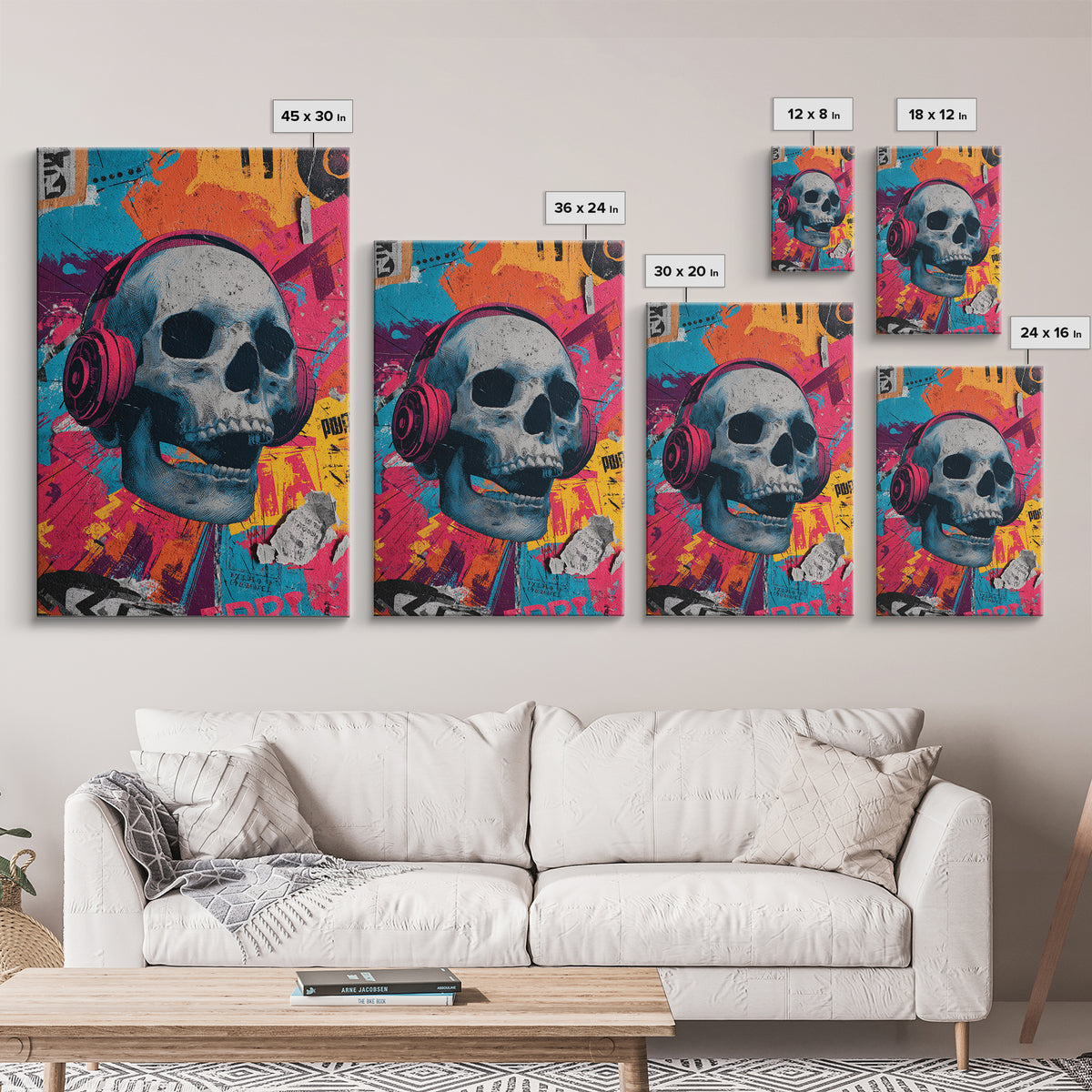Skull and Headphones Mural Composition Canvas Print, Graffiti Art, Fine Art Print, Living Room Decor, Fine Art, Street, GRF-2x3-7