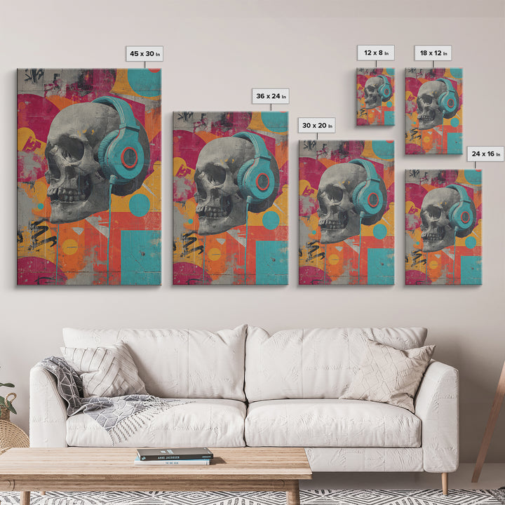 Skull and Headphones Mural Composition Canvas Print, Graffiti Art, Art Deco, Living Room Decor, Street, Wall Sculpture, GRF-2x3-79