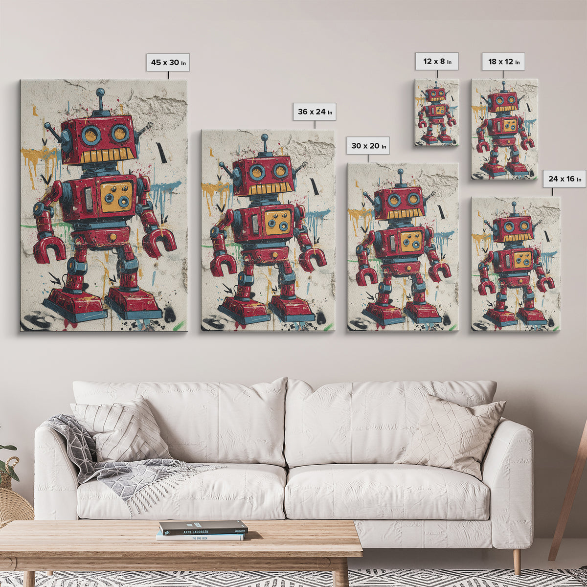 Cartoon Robot Character Framed Canvas Print, Graffiti Art, Large Wall Art, Living Room Decor, Fine Art, Street, Modern Wall Art, GRF-2x3-90