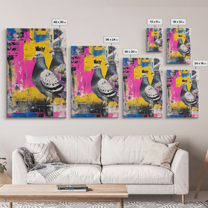 City Pigeon with Crown in Street Art Canvas Print, Graffiti Art, Graffiti, Living Room Decor, Fine Art, Street, GRF-2x3-91