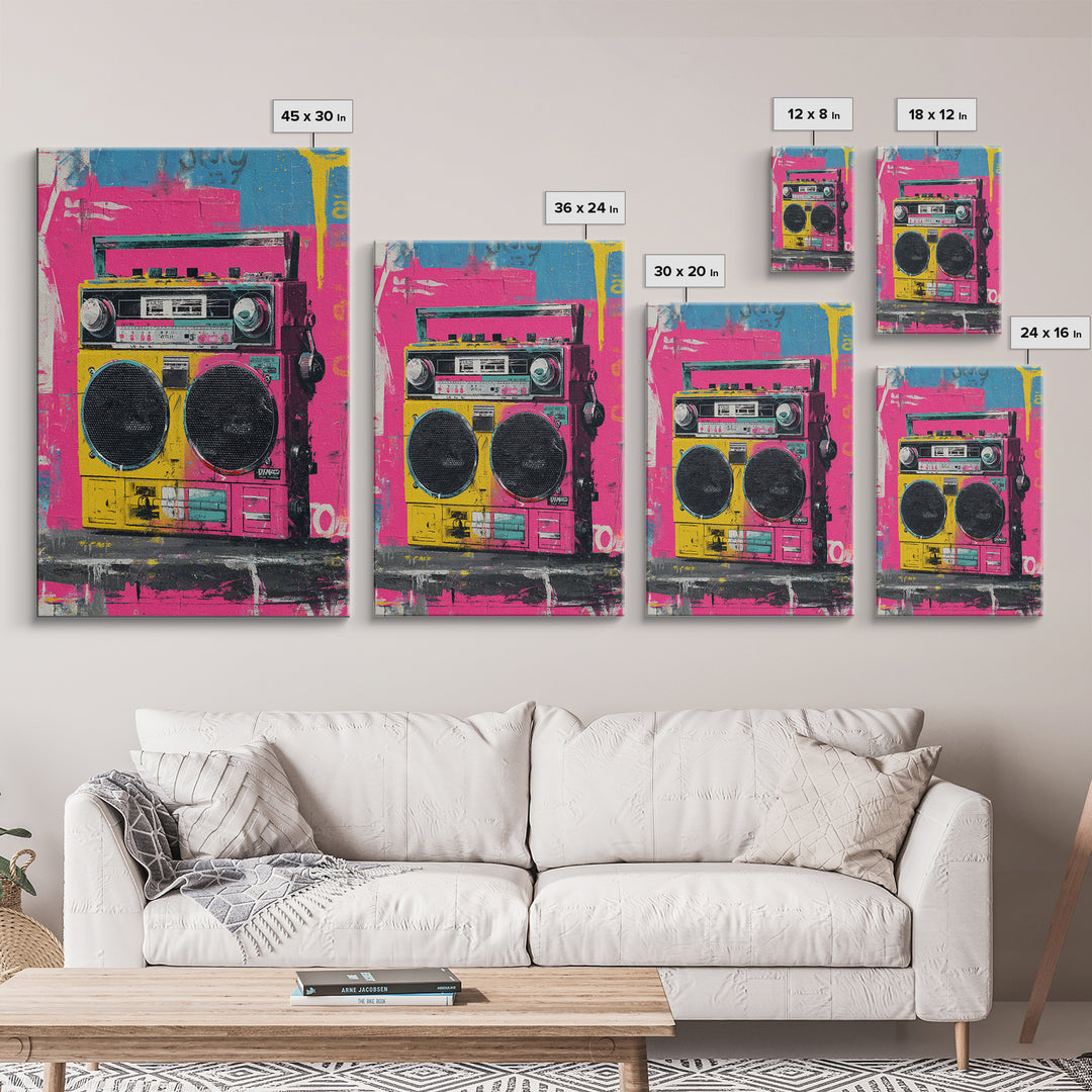 Boombox and Cassette Tape Framed Canvas Print, Graffiti Art, Art Deco, Living Room Decor, Fine Art, Street, Wall Sculpture, GRF-2x3-94