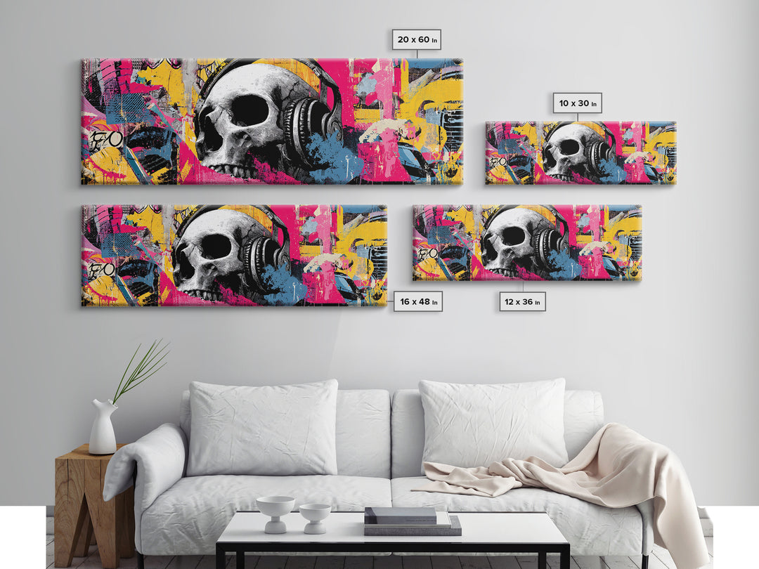 Skull and Headphones Mural Composition Framed Canvas Print, Graffiti Art, Gallery Decor, Living Room Decor, Fine Art, Street, GRF-3x1-15