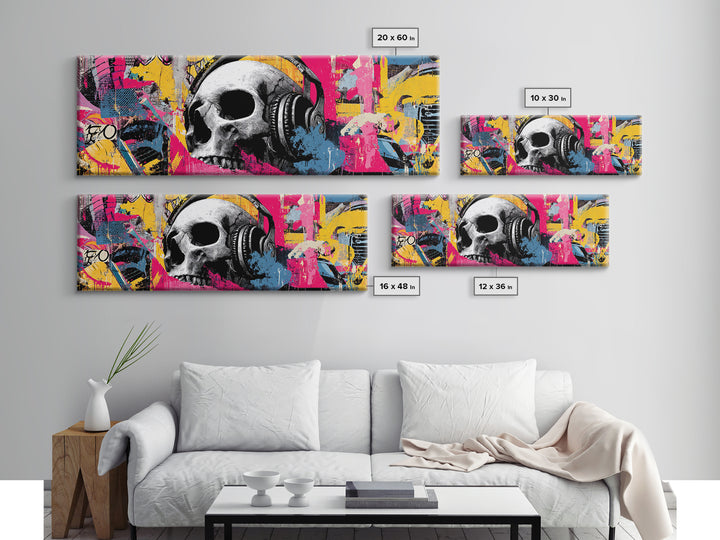 Skull and Headphones Mural Composition Framed Canvas Print, Graffiti Art, Gallery Decor, Living Room Decor, Fine Art, Street, GRF-3x1-15