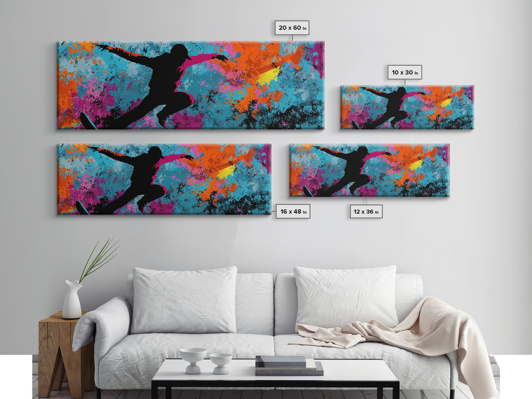 Breakdancer Silhouette over Bright Paint Splashes Canvas Print, Graffiti Art, Framed Art, Living Room Decor, Fine Art, Street, GRF-3x1-42