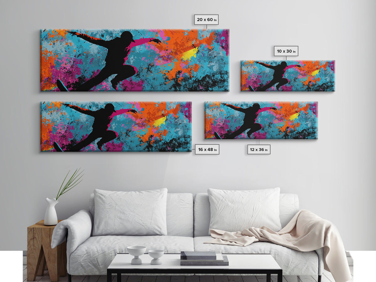 Breakdancer Silhouette over Bright Paint Splashes Canvas Print, Graffiti Art, Framed Art, Living Room Decor, Fine Art, Street, GRF-3x1-42