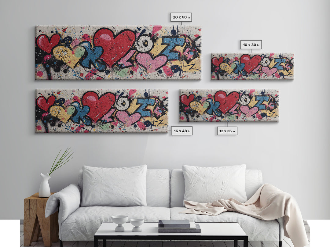 Neon Heart Painted on Cracked Concrete Texture Canvas Print, Graffiti Art, Digital Print, Living Room Decor, Fine Art, Street, GRF-3x1-46