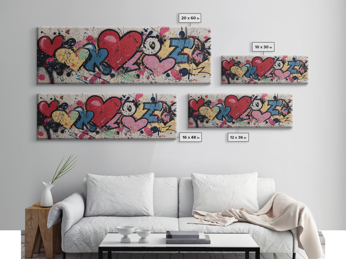 Neon Heart Painted on Cracked Concrete Texture Canvas Print, Graffiti Art, Digital Print, Living Room Decor, Fine Art, Street, GRF-3x1-46