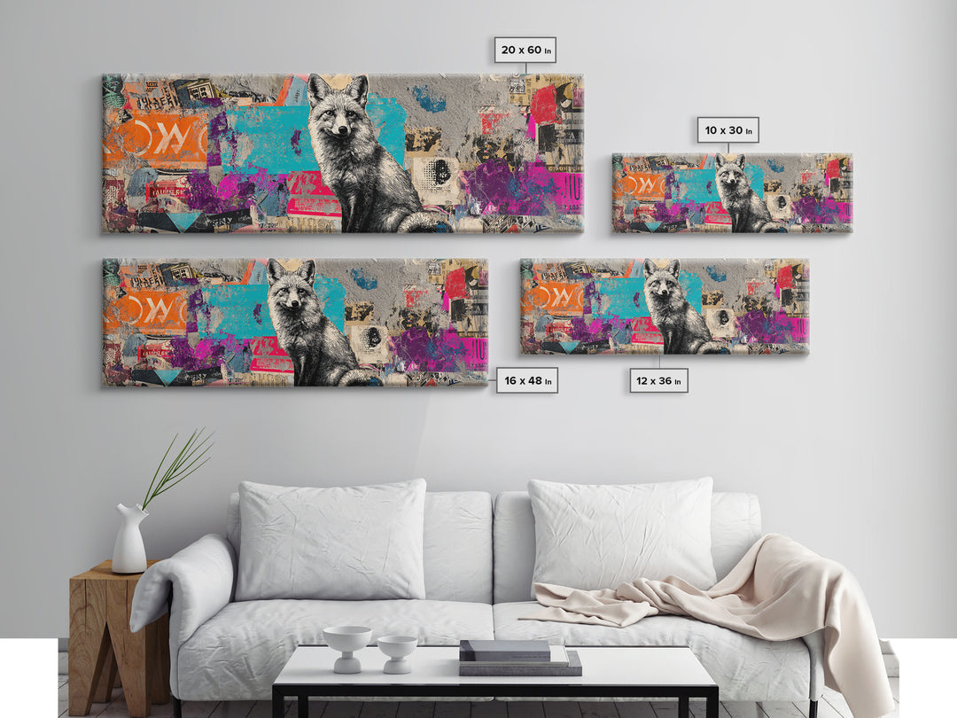 Urban Fox with Layered Sticker Collage Framed Canvas Print, Graffiti Art, Graffiti, Living Room Decor, Fine Art, Street, GRF-3x1-57