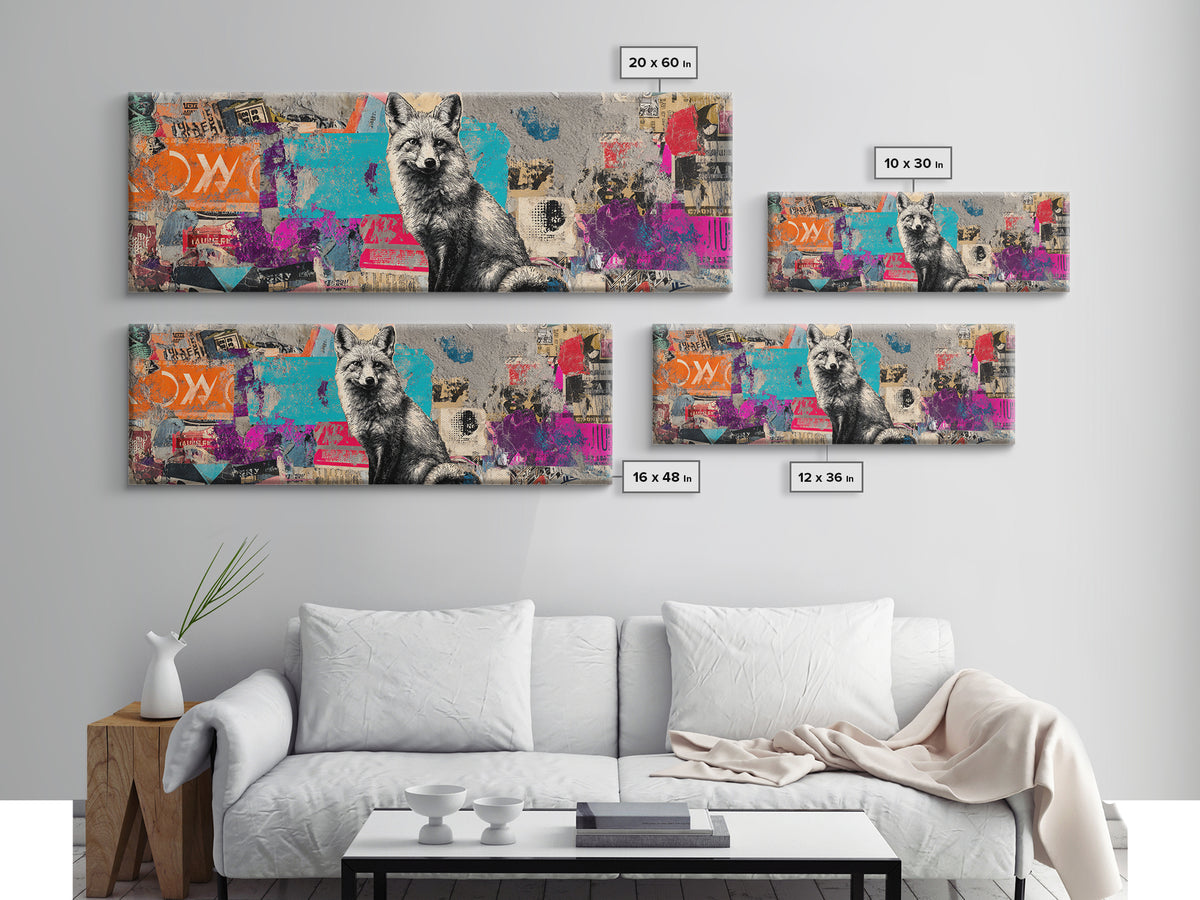 Urban Fox with Layered Sticker Collage Framed Canvas Print, Graffiti Art, Graffiti, Living Room Decor, Fine Art, Street, GRF-3x1-57