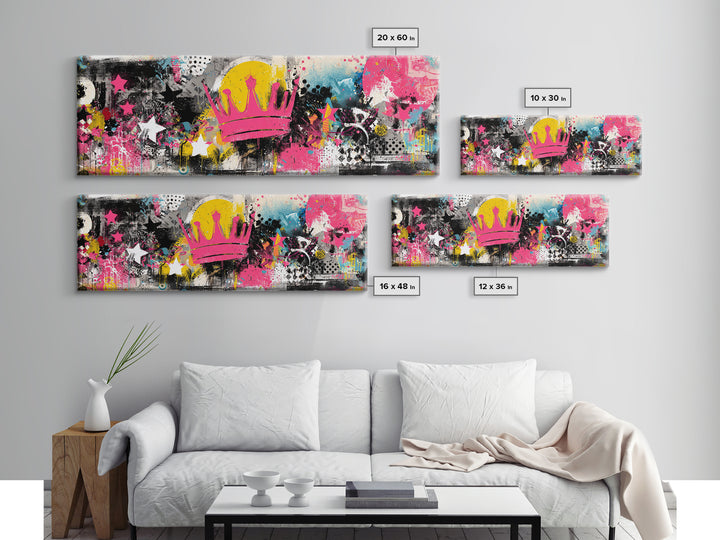 Abstract Crown and Stars Framed Canvas Print, Graffiti Art, Wall Decor, Living Room Decor, Abstract Art, Street, Canvas Art, GRF-3x1-59