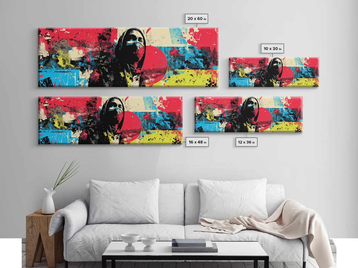 Masked Street Artist Silhouette Canvas Print, Graffiti Art, Canvas Wall Art, Living Room Decor, Watercolor Art, Street, GRF-3x1-86