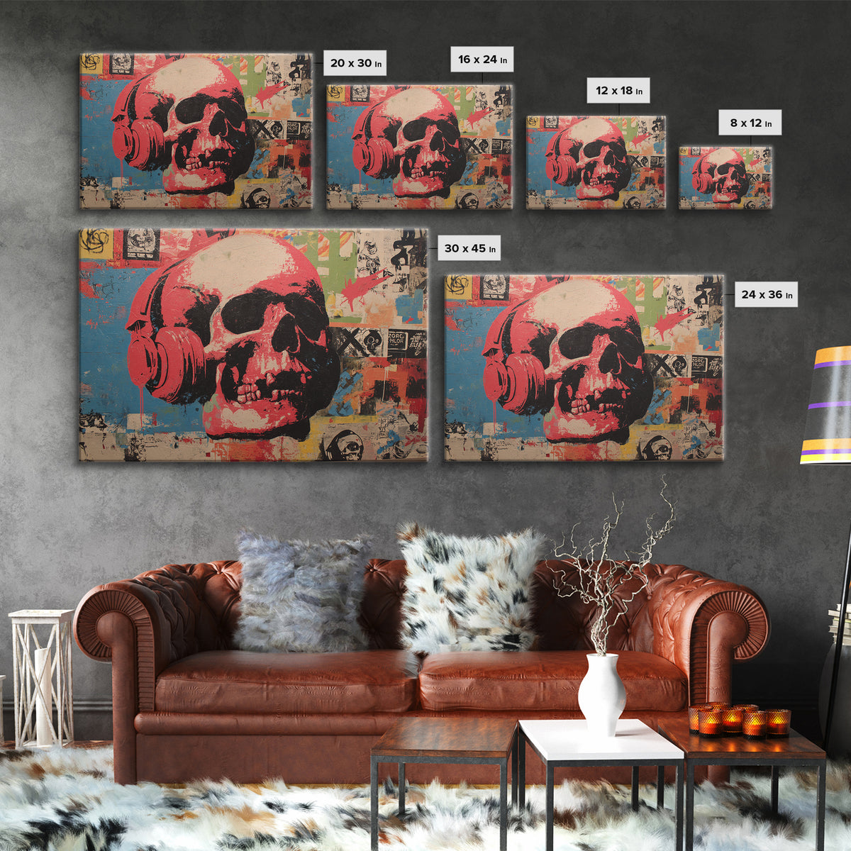 Skull and Headphones Mural Composition Framed Canvas Print, Graffiti Art, Gallery Decor, Living Room Decor, Fine Art, Street, GRF-3x2-27