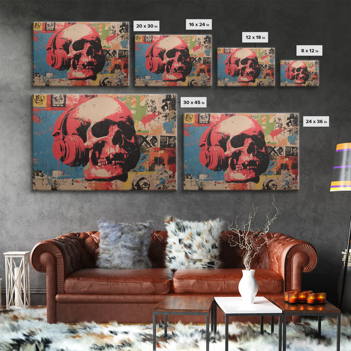 Skull and Headphones Mural Composition Framed Canvas Print, Graffiti Art, Gallery Decor, Living Room Decor, Fine Art, Street, GRF-3x2-27