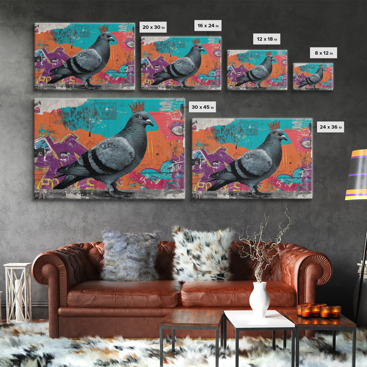 City Pigeon with Crown in Street Art Framed Canvas Print, Graffiti Art, Contemporary Art, Living Room Decor, Fine Art, Street, GRF-3x2-39