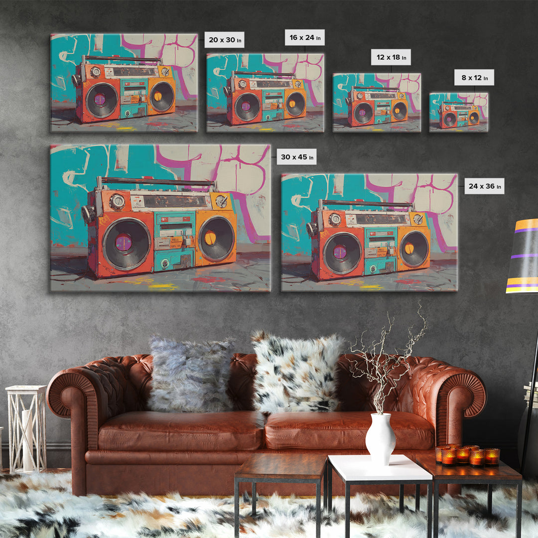 Boombox and Cassette Tape Canvas Print, Graffiti Art, Framed Art, Living Room Decor, Fine Art, Street, Neutral Decor, GRF-3x2-42