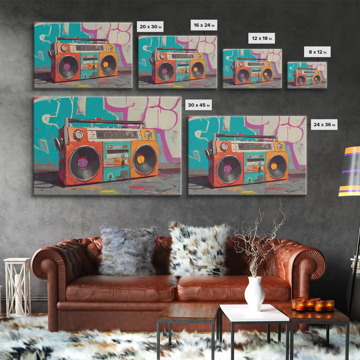 Boombox and Cassette Tape Canvas Print, Graffiti Art, Framed Art, Living Room Decor, Fine Art, Street, Neutral Decor, GRF-3x2-42