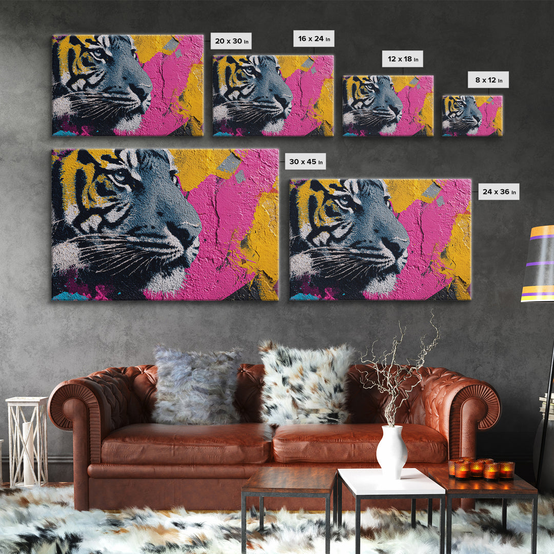 Urban Tiger Portrait Framed Canvas Print, Graffiti Art, Original Painting, Living Room Decor, Fine Art, Street, Unique Wall Art, GRF-3x2-7