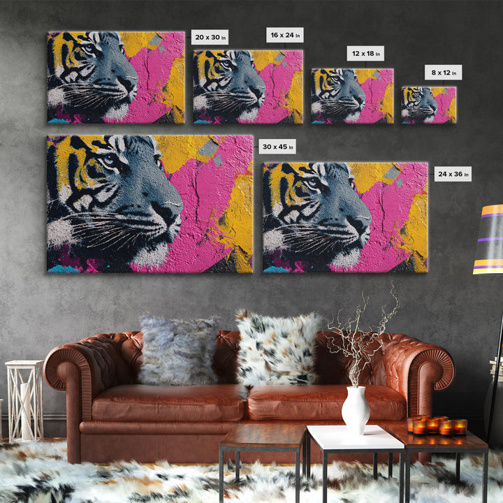 Urban Tiger Portrait Framed Canvas Print, Graffiti Art, Original Painting, Living Room Decor, Fine Art, Street, Unique Wall Art, GRF-3x2-7
