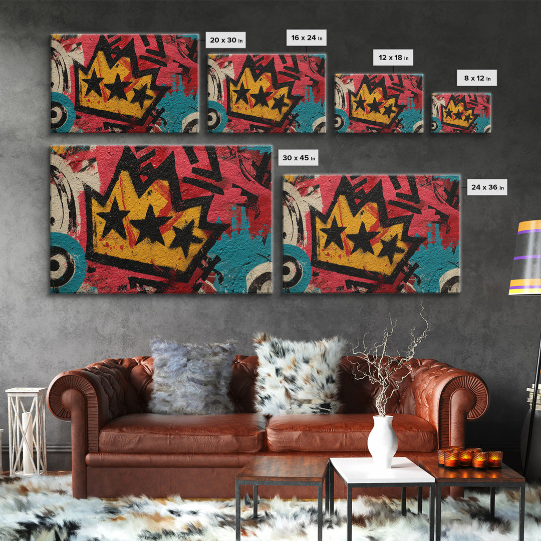 Abstract Crown and Stars Framed Canvas Print, Graffiti Art, Above Bed Decor, Living Room Decor, Abstract Art, Street, GRF-3x2-71