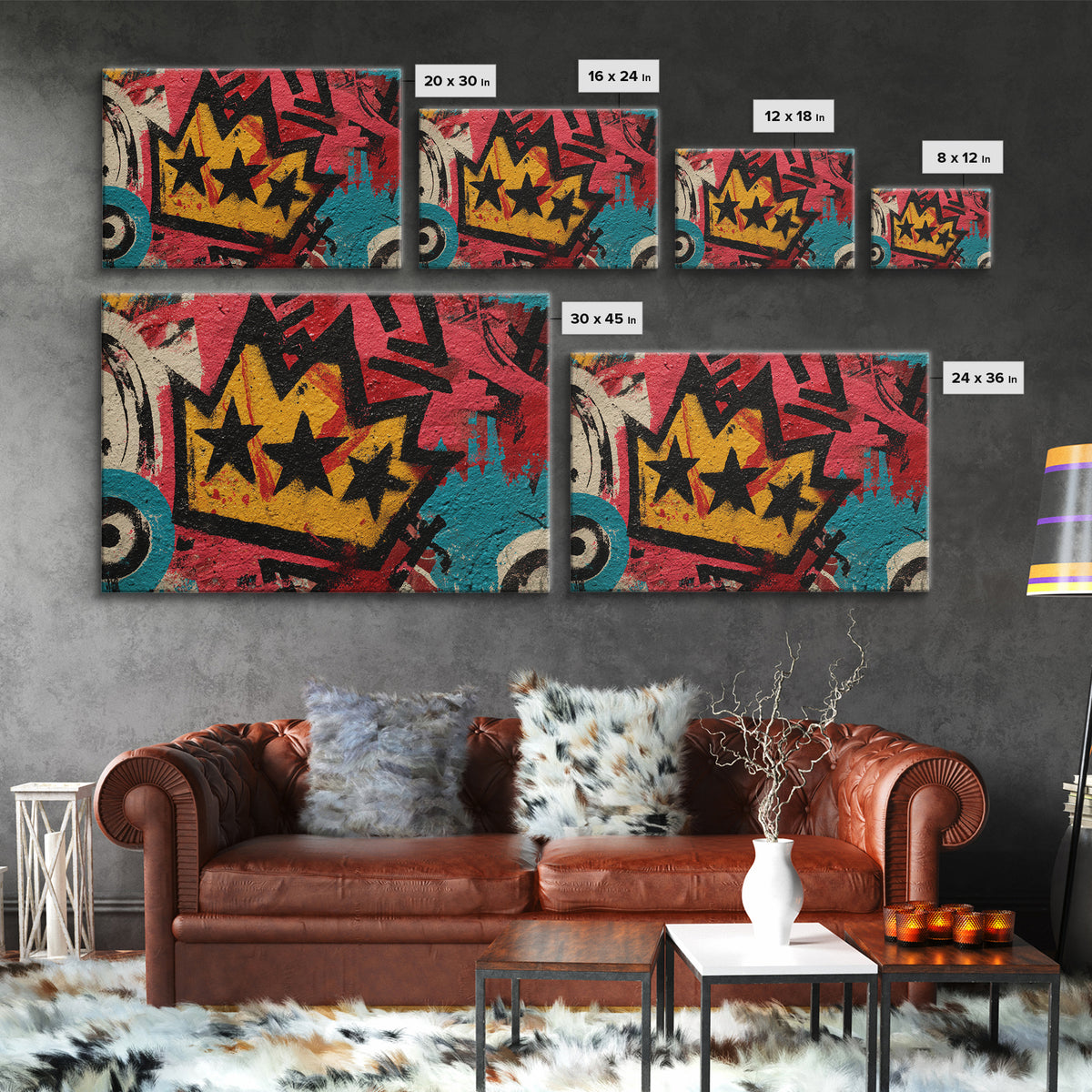Abstract Crown and Stars Framed Canvas Print, Graffiti Art, Above Bed Decor, Living Room Decor, Abstract Art, Street, GRF-3x2-71