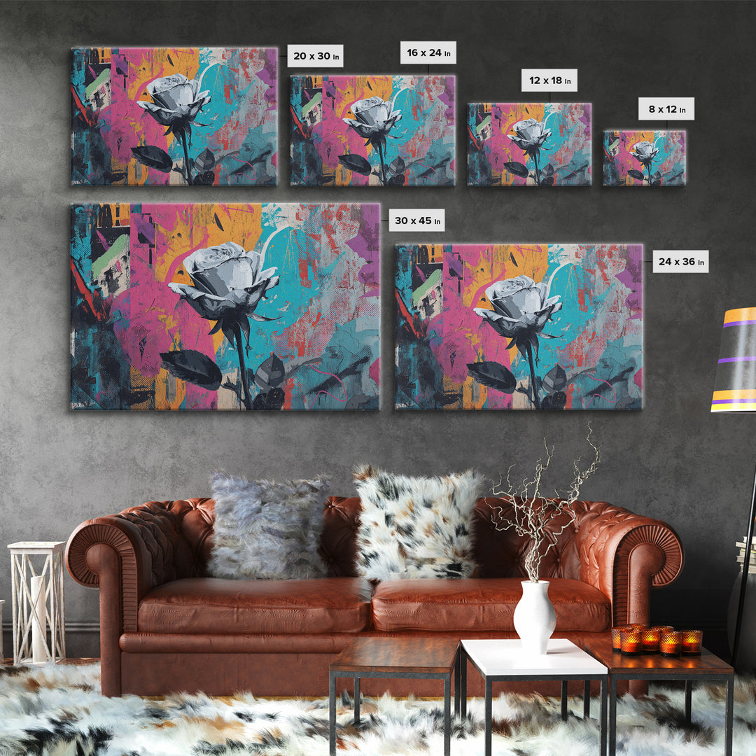 Graffiti Rose Blooming from Concrete Crack Canvas Print, Graffiti Art, Neutral Decor, Living Room Decor, Fine Art, Street, GRF-3x2-73