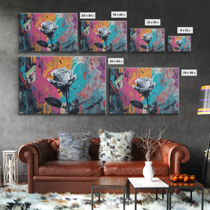Graffiti Rose Blooming from Concrete Crack Canvas Print, Graffiti Art, Neutral Decor, Living Room Decor, Fine Art, Street, GRF-3x2-73