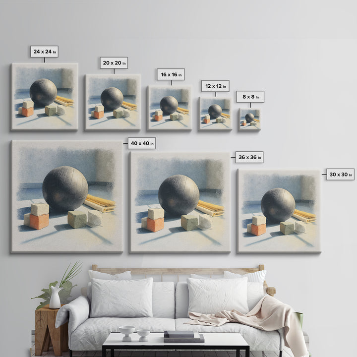 Medicine Ball and Chalk Still Life Framed Canvas Print, Gym Art, Wall Decoration, Gym Decor, Fine Art, Strength, Speakeasy Art, GYM-1x1-47