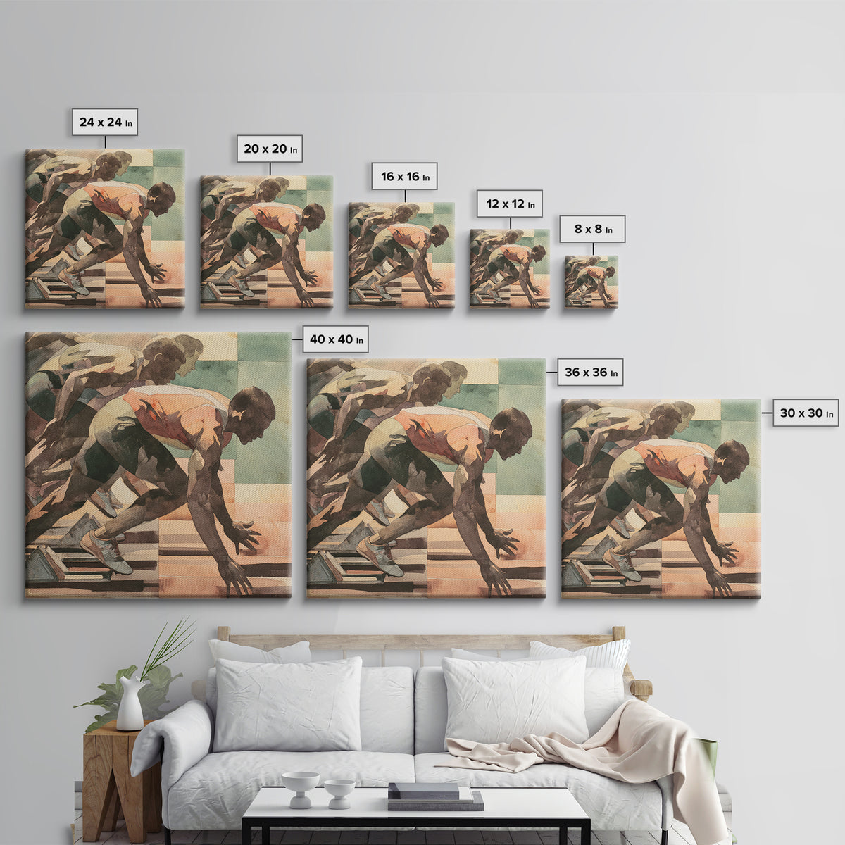 Sprinter Exploding from Starting Blocks Framed Canvas Print, Gym Art, Speakeasy Art, Gym Decor, Oil Painting, Strength, GYM-1x1-51