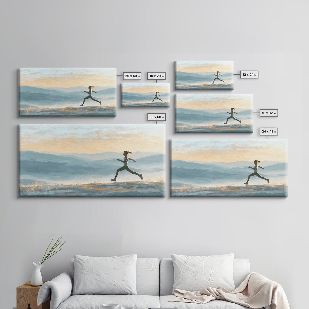 Runner on Mountain Ridge at Sunrise Framed Canvas Print, Gym Art, Canvas Wall Art, Gym Decor, Watercolor Art, Strength, GYM-2x1-56
