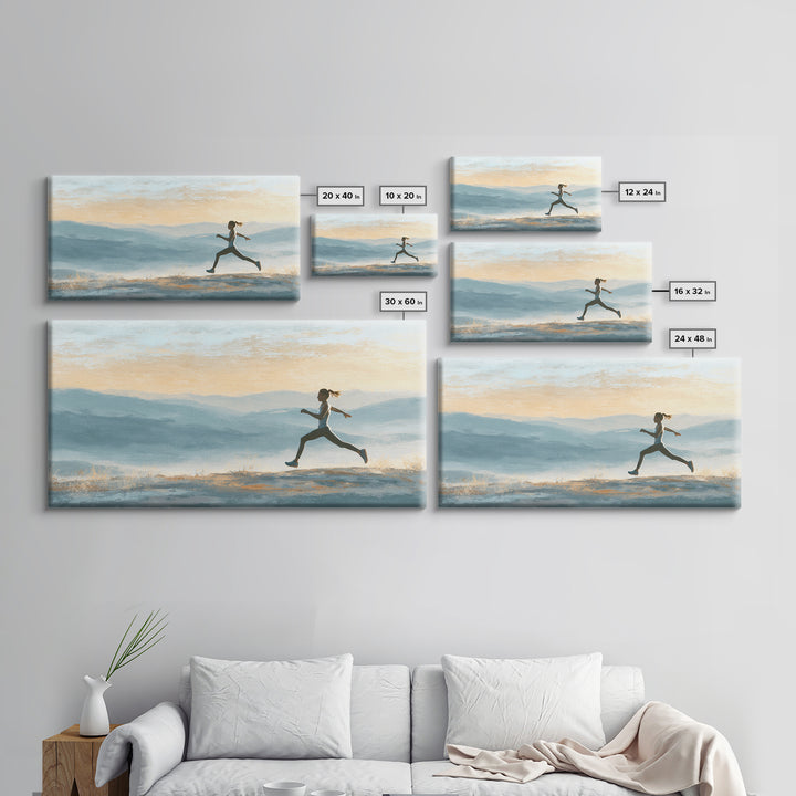 Runner on Mountain Ridge at Sunrise Framed Canvas Print, Gym Art, Canvas Wall Art, Gym Decor, Watercolor Art, Strength, GYM-2x1-56