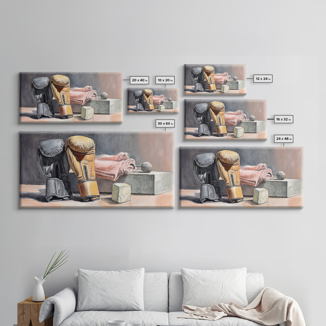 Boxing Glove and Towel Still Life Framed Canvas Print, Gym Art, Living Room Decor, Gym Decor, Oil Painting, Strength, GYM-2x1-60