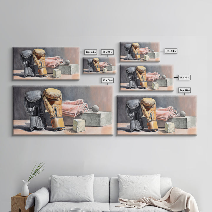Boxing Glove and Towel Still Life Framed Canvas Print, Gym Art, Living Room Decor, Gym Decor, Oil Painting, Strength, GYM-2x1-60