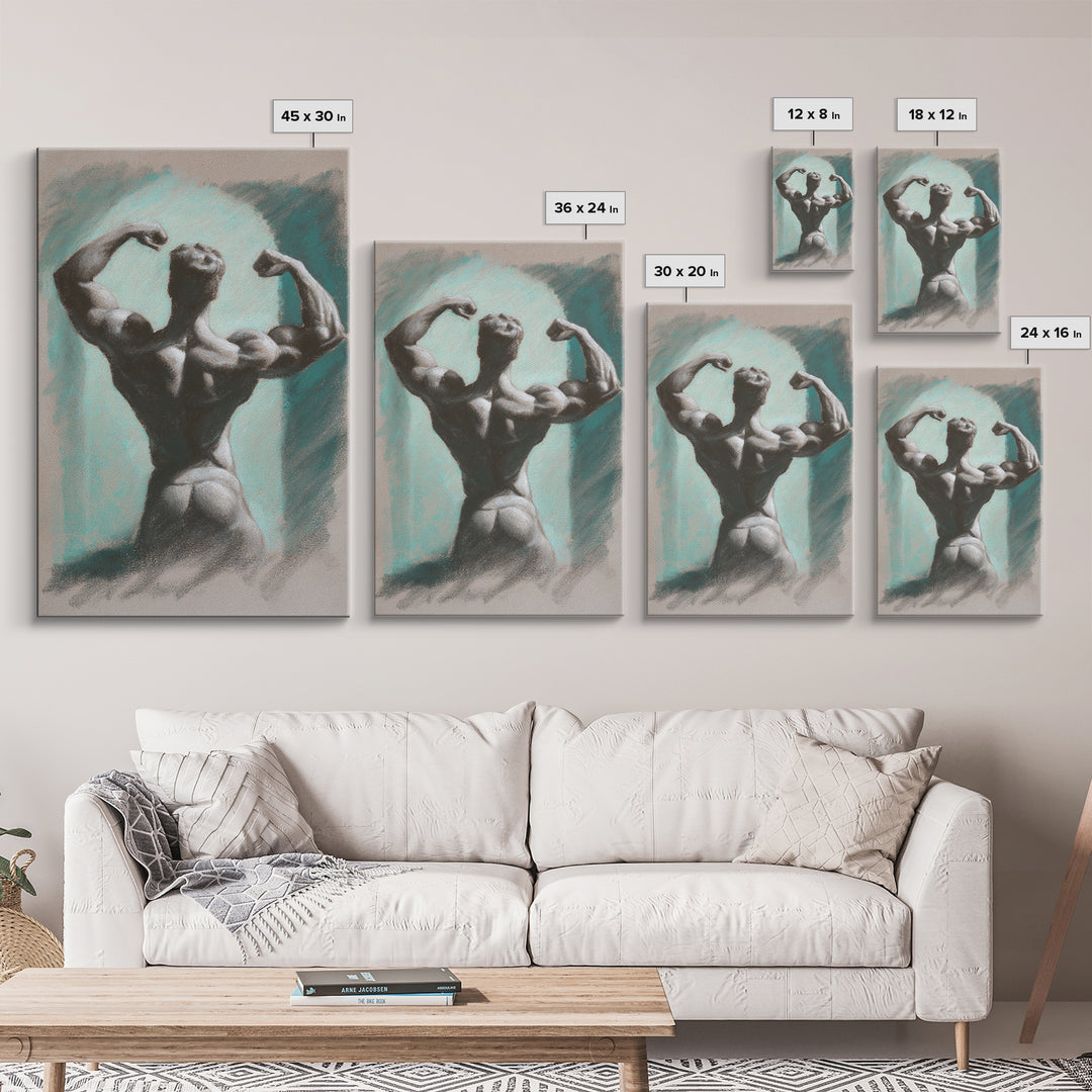 Bodybuilder Pose Rendered Framed Canvas Print, Gym Art, Living Room Decor, Gym Decor, Oil Painting, Strength, Sports Poster, GYM-2x3-12