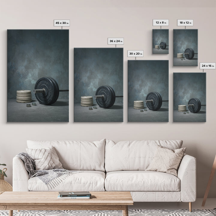 Barbell and Plates Framed Canvas Print, Gym Art, Printable Wall Art, Gym Decor, Fine Art, Strength, Sports Decor, Cool Posters, GYM-2x3-34