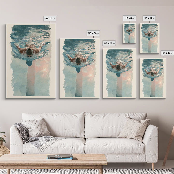 Swimmer Cutting Through Blue Water Framed Canvas Print, Gym Art, Living Room Decor, Gym Decor, Oil Painting, Strength, GYM-2x3-51