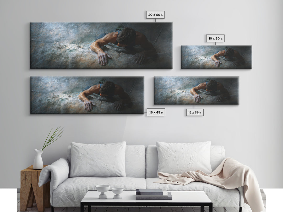 Rock Climber Reaching a Glowing Hold Framed Canvas Print, Gym Art, Bar Art, Gym Decor, Strength, Gym Sign, Motivational Art, GYM-3x1-2