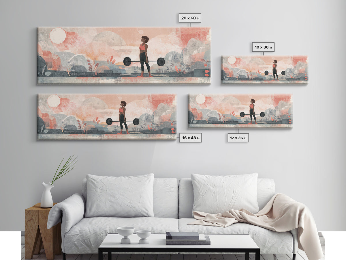 Female Weightlifter with Triumphant Stance Framed Canvas Print, Gym Art, Art Print, Gym Decor, Strength, Abstract Wall Art, GYM-3x1-23