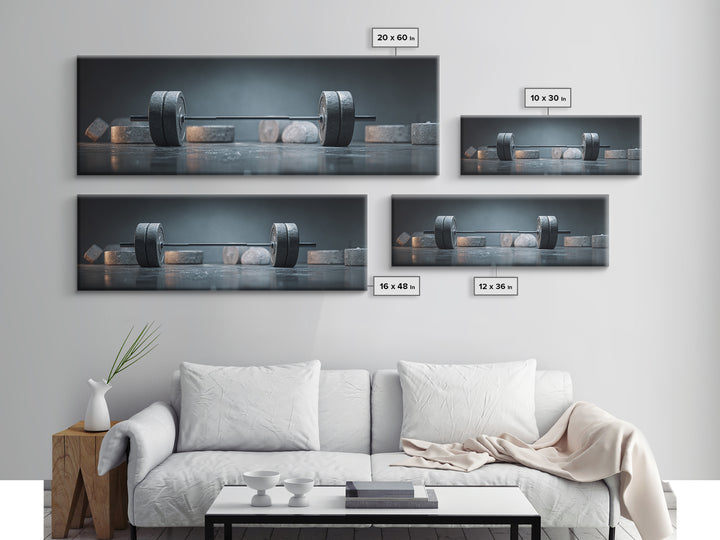 Barbell and Plates Framed Canvas Print, Gym Art, Gym Decor, Fine Art, Strength, Luxury Decor, Art Print, Room Decor, GYM-3x1-90