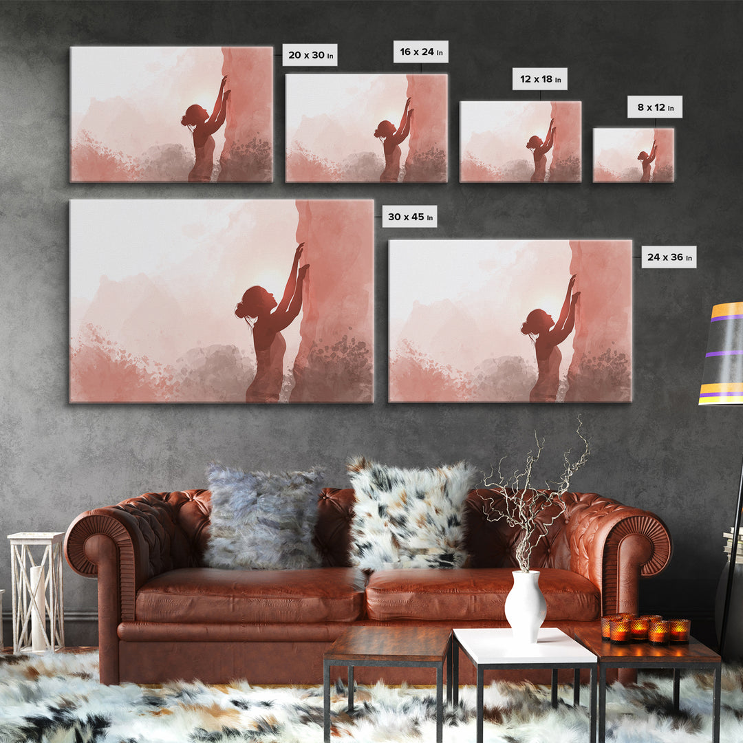 Rock Climber Reaching a Glowing Hold Framed Canvas Print, Gym Art, Man Cave Decor, Gym Decor, Strength, Home Gym Decor, GYM-3x2-14