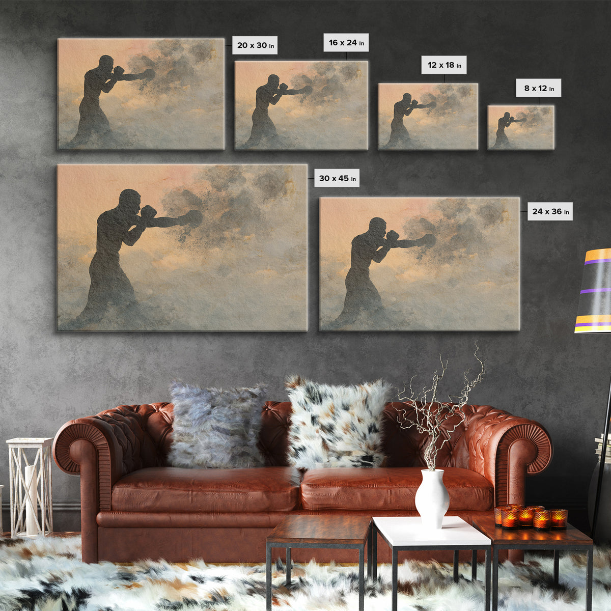 Powerful Boxer Silhouette Framed Canvas Print, Gym Art, Art Print, Gym Decor, Fine Art, Strength, Abstract Wall Art, Bar Art, GYM-3x2-77