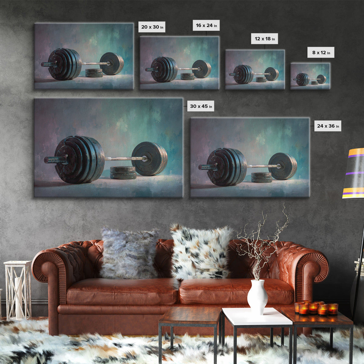 Barbell and Plates Framed Canvas Print, Gym Art, Framed Canvas, Gym Decor, Fine Art, Strength, Textured Painting, GYM-3x2-78
