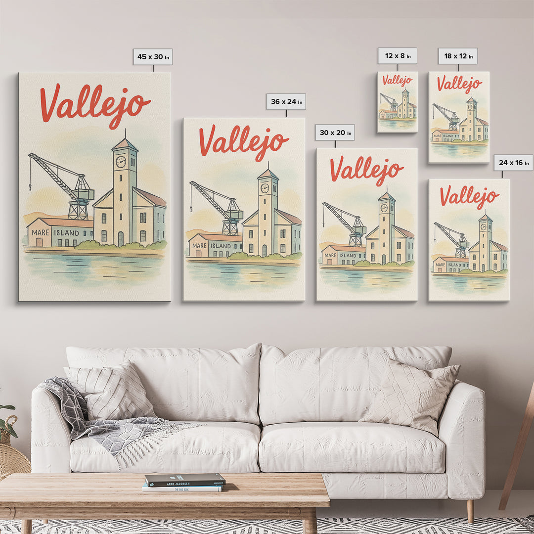 Vallejo California Travel Poster, Canvas Print, Hand Drawn Watercolor Art, Vallejo Poster Print, City Travel Prints, Retro Travel Print