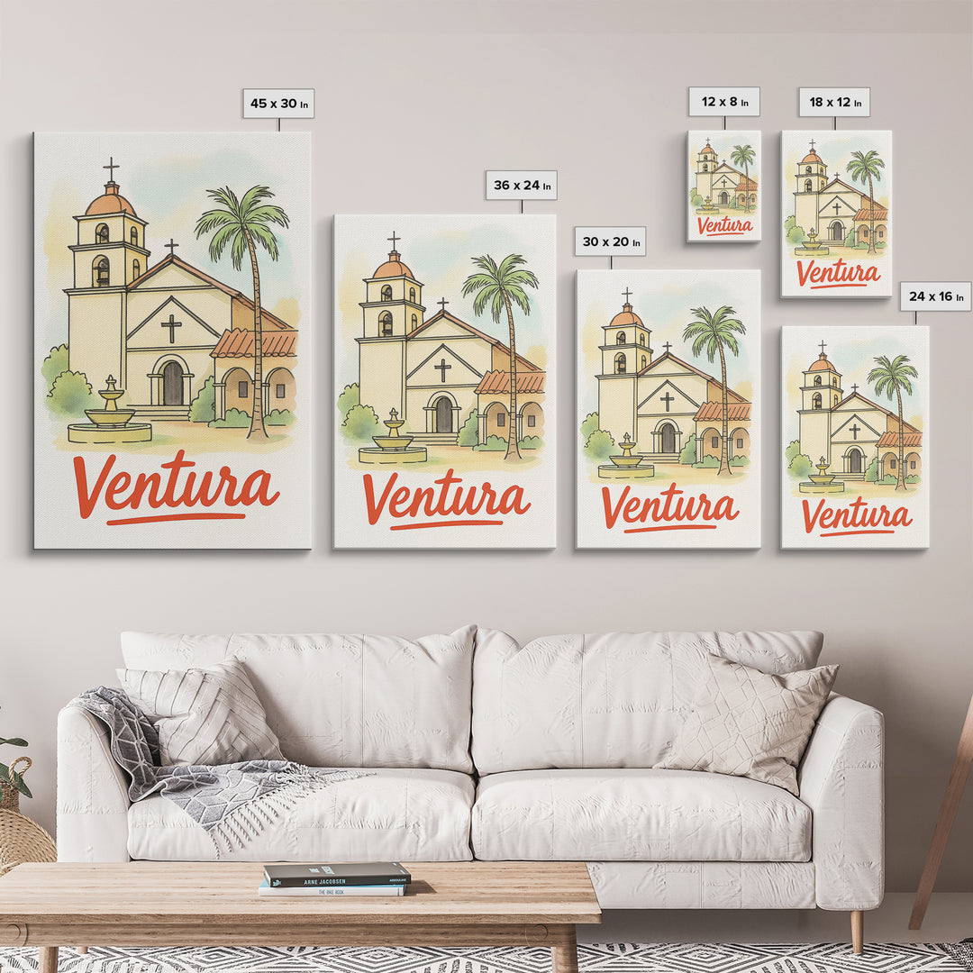 Ventura California Travel Poster, Framed Canvas Print, Illustrated City Wall Art, Ventura City Art, Travel Poster Art, Gift For Travelers