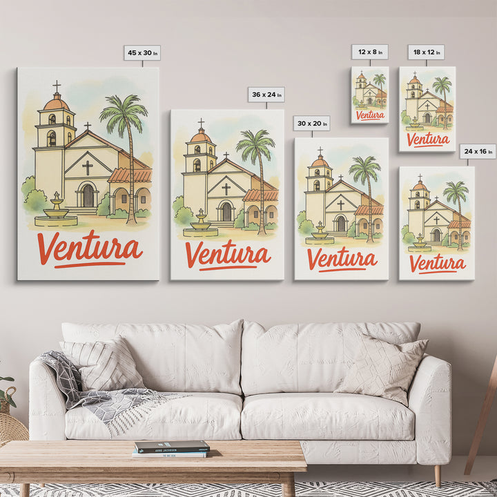 Ventura California Travel Poster, Framed Canvas Print, Illustrated City Wall Art, Ventura City Art, Travel Poster Art, Gift For Travelers