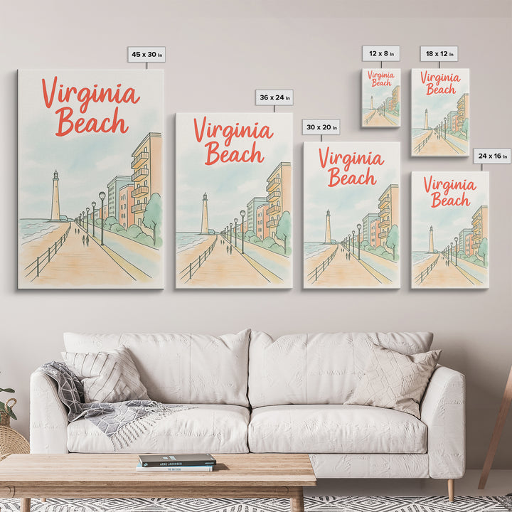 Virginia Beach Travel Poster, Canvas Print, Soft Sketch Travel Art, Virginia Beach Travel Art, Travel Poster Set, City Art Print
