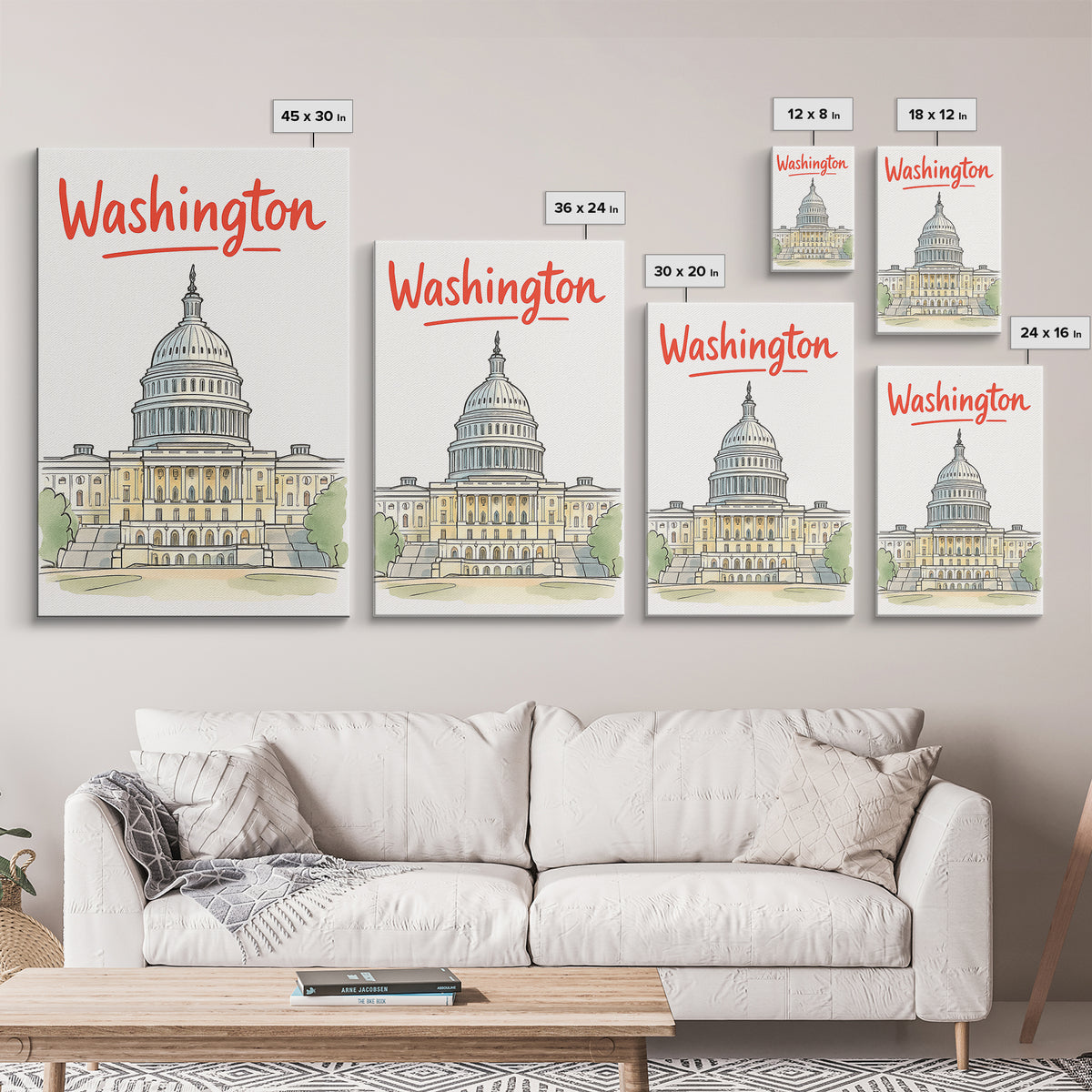 Washington Travel Poster, Framed Canvas Print, Soft Sketch Travel Art, Washington Poster Print, Travel Poster Art, City Illustration
