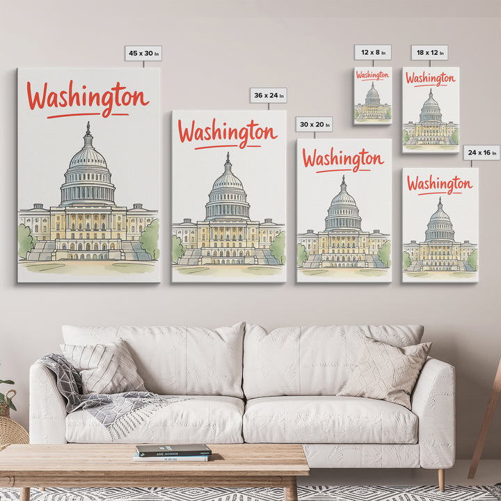 Washington Travel Poster, Framed Canvas Print, Soft Sketch Travel Art, Washington Poster Print, Travel Poster Art, City Illustration