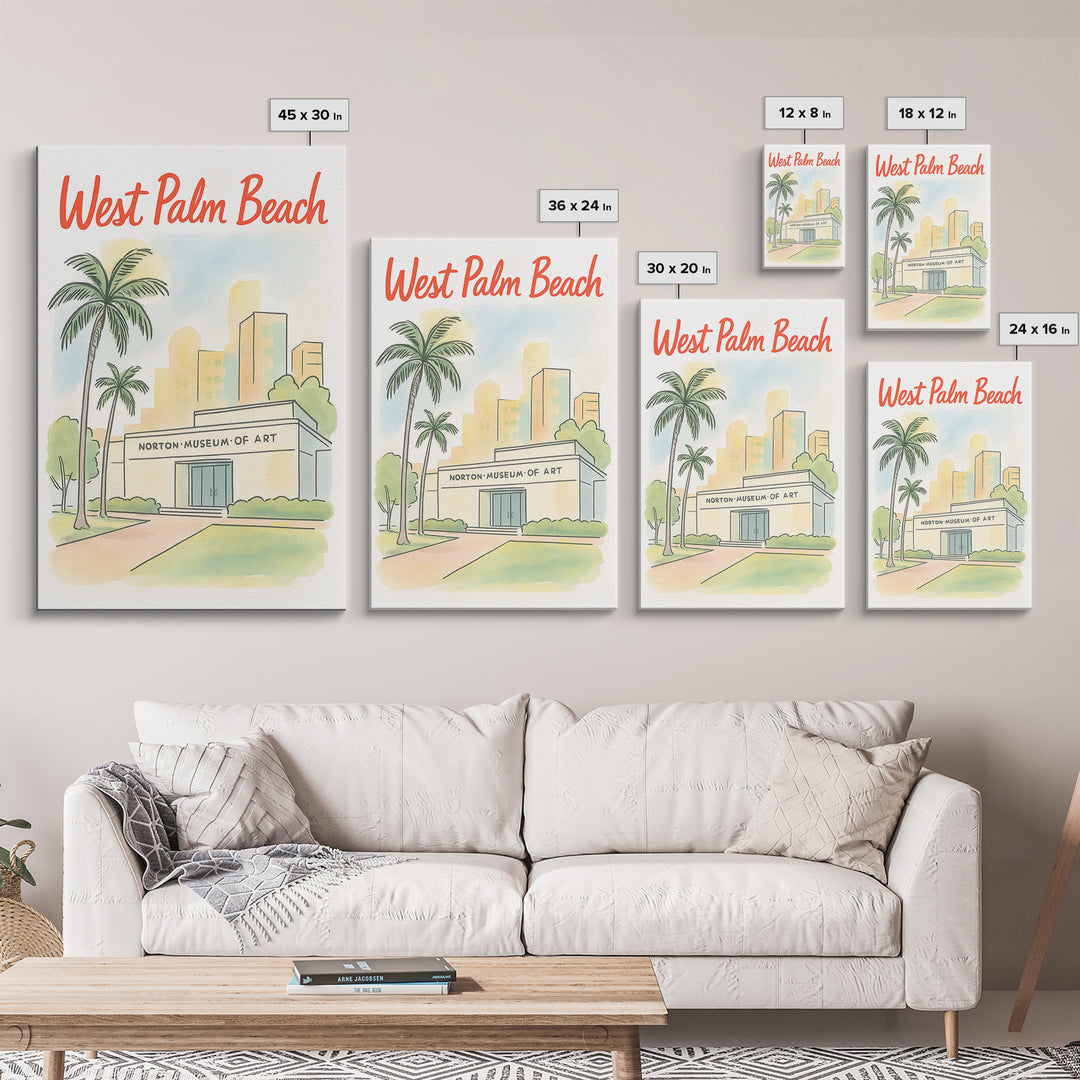 West Palm Beach Travel Poster, Framed Canvas Print, Hand Drawn Watercolor Art, West Palm Beach Wall Art, Travel Wall Decor, Fine Art Print
