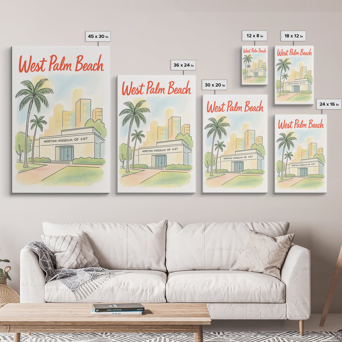 West Palm Beach Travel Poster, Framed Canvas Print, Hand Drawn Watercolor Art, West Palm Beach Wall Art, Travel Wall Decor, Fine Art Print